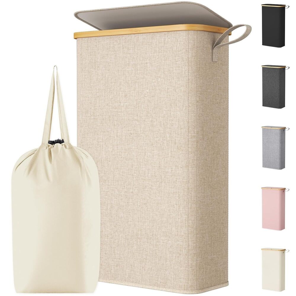 Slim Laundry Hamper 65L Beige with Lid & Removable Bag